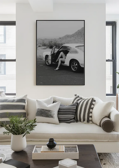 Woman In Vintage Porsche 911 Open Door Desert Landscape Black White Painting