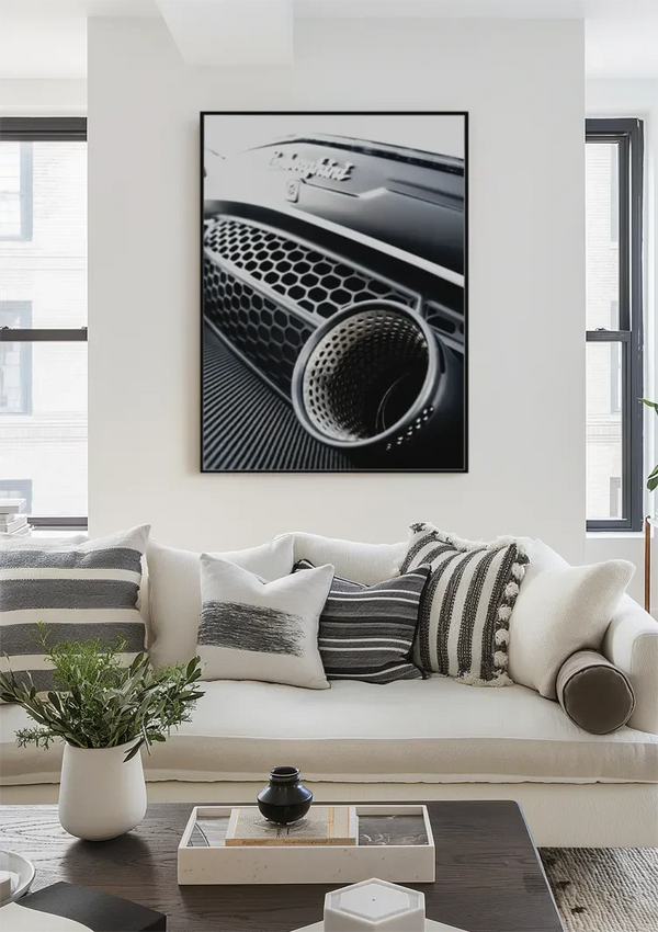 Lamborghini Huracan Evo Auspuff Nahaufnahme Metallic Schwarz-Weiß-Gemälde