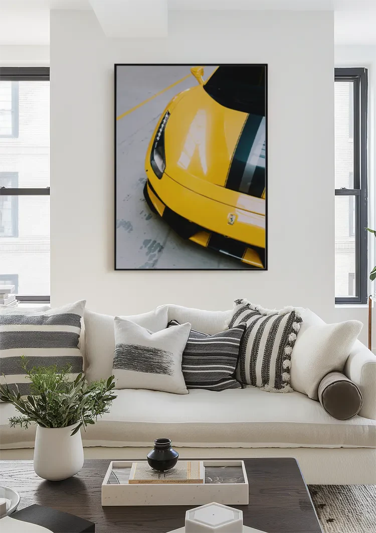 Gelber Ferrari 488 Pista Draufsicht Sportwagen Gemälde