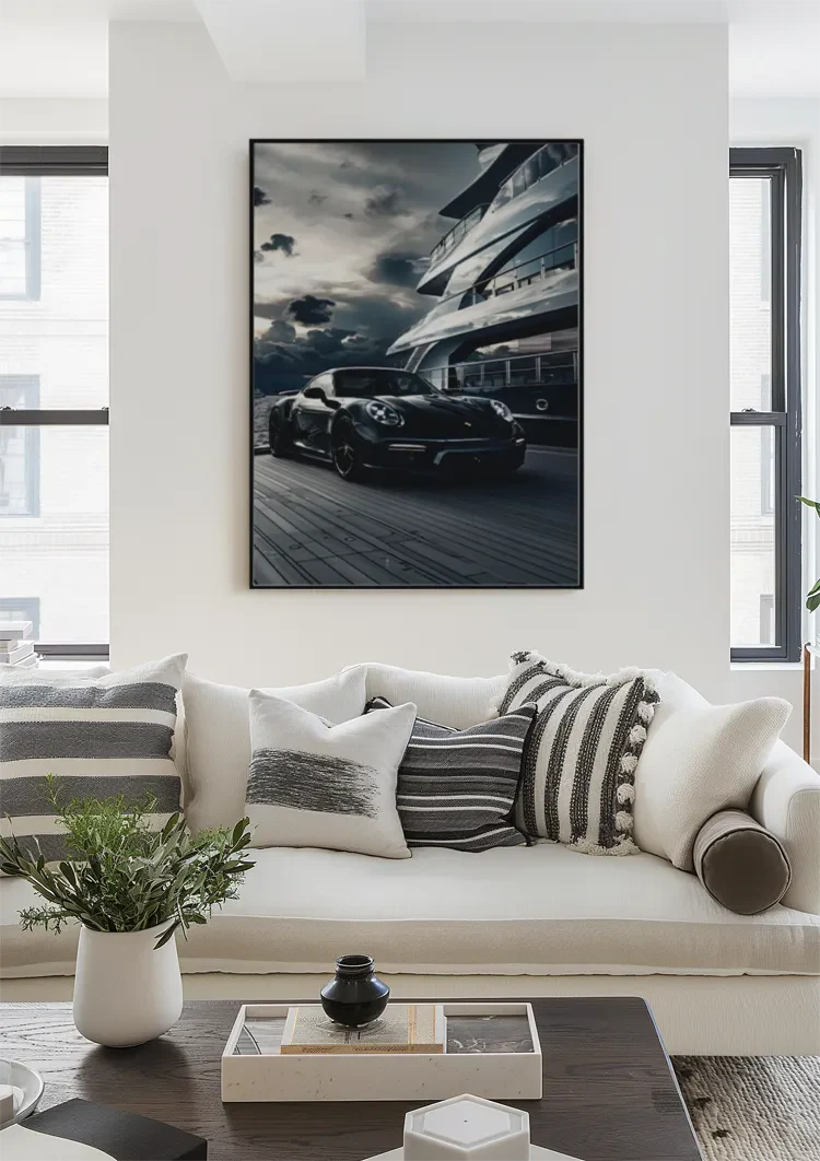 Black Porsche 911 at Yacht Luxury Harbor Dramatic Sky Painting