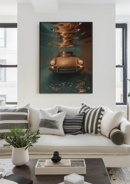 Klassieke Porsche Onder Water Turquoise Zwembad Surrealistisch Schilderij