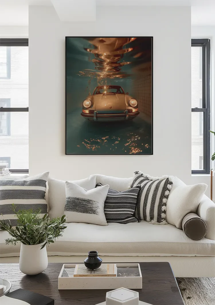 Classic Porsche Underwater Turquoise Gold Surreal Luxury Art Painting