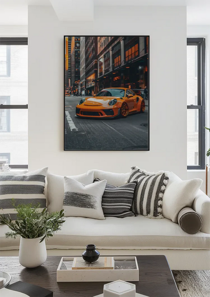 Oranger Porsche GT3 RS Städtische Nacht Stadtstraße Abend Gemälde