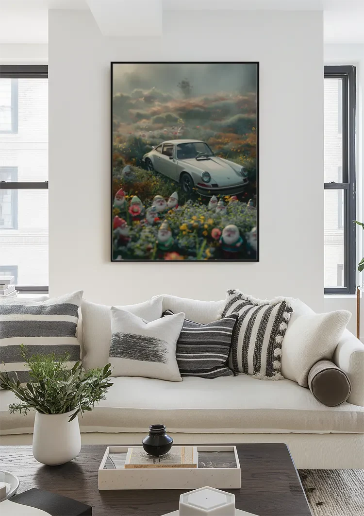 White Porsche 911 Flower Meadow Gnomes Dreamy Mist Painting