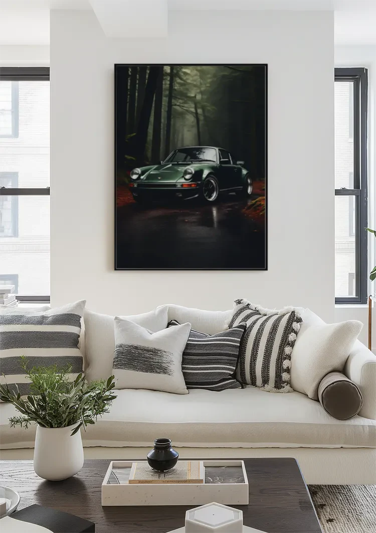 Dunkelgrüner Porsche 911 Mystischer Wald Nacht Kinematische Atmosphäre Kunst Gemälde