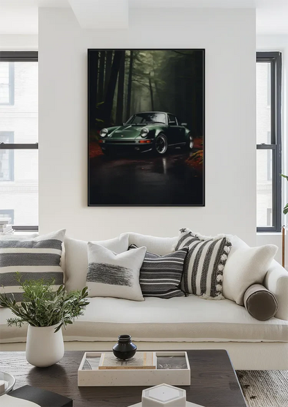 Dunkelgrüner Porsche 911 Mystischer Wald Nacht Kinematische Atmosphäre Kunst Gemälde