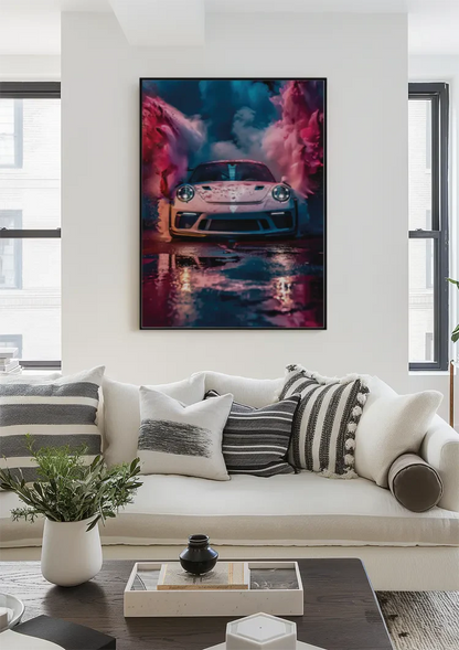 White Porsche GT3 RS Colorful Pink Blue Smoke Clouds Surreal Painting