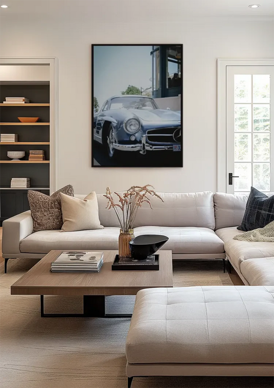 Classic silver vintage car canvas painting on the wall in the hallway