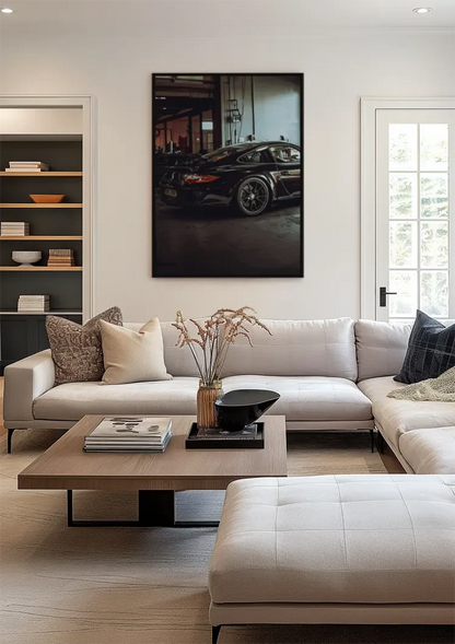 Schwarzer Porsche GT3 Industrielle Garage Dunkle Atmosphäre Gemälde
