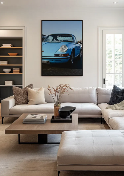 Vintage Hellblauer Porsche 911 Klassisch Sonnenschein Blauer Himmel Gemälde