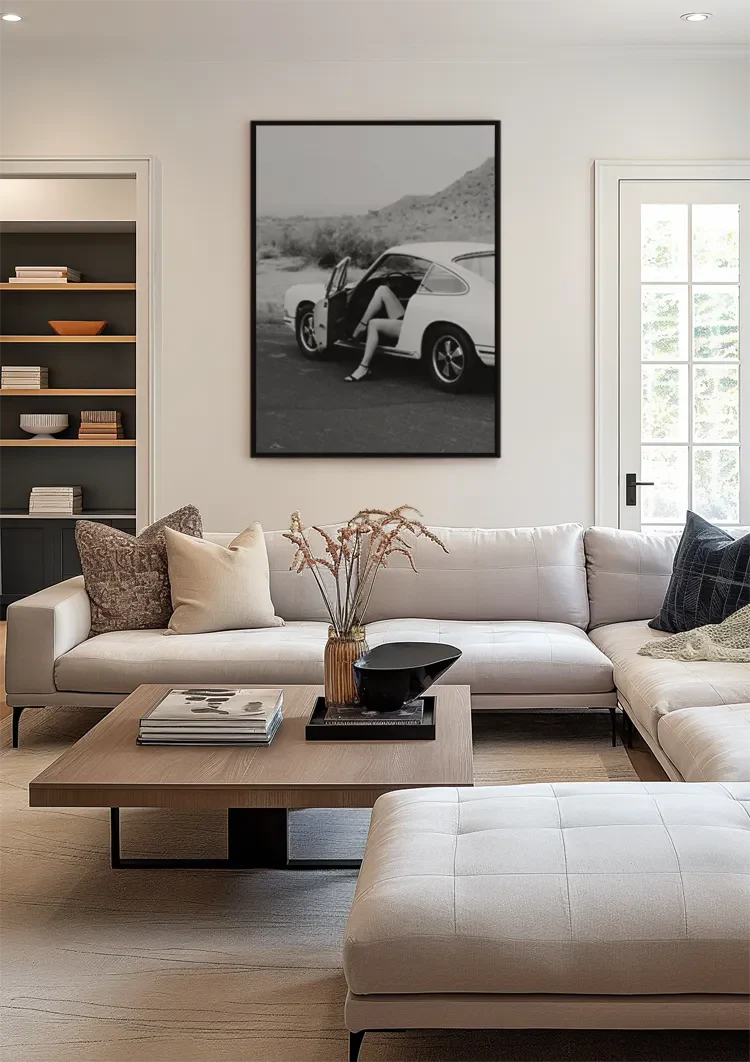 Woman In Vintage Porsche 911 Open Door Desert Landscape Black White Painting