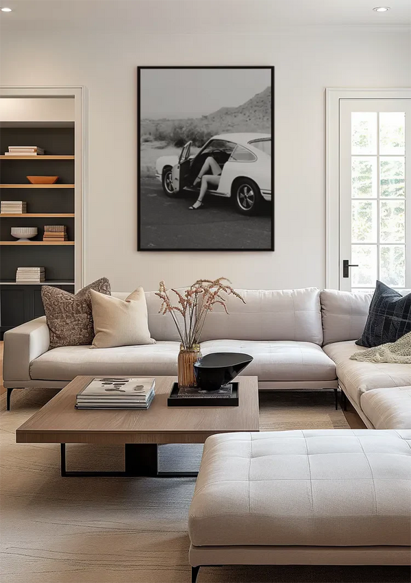 Woman In Vintage Porsche 911 Open Door Desert Landscape Black White Painting