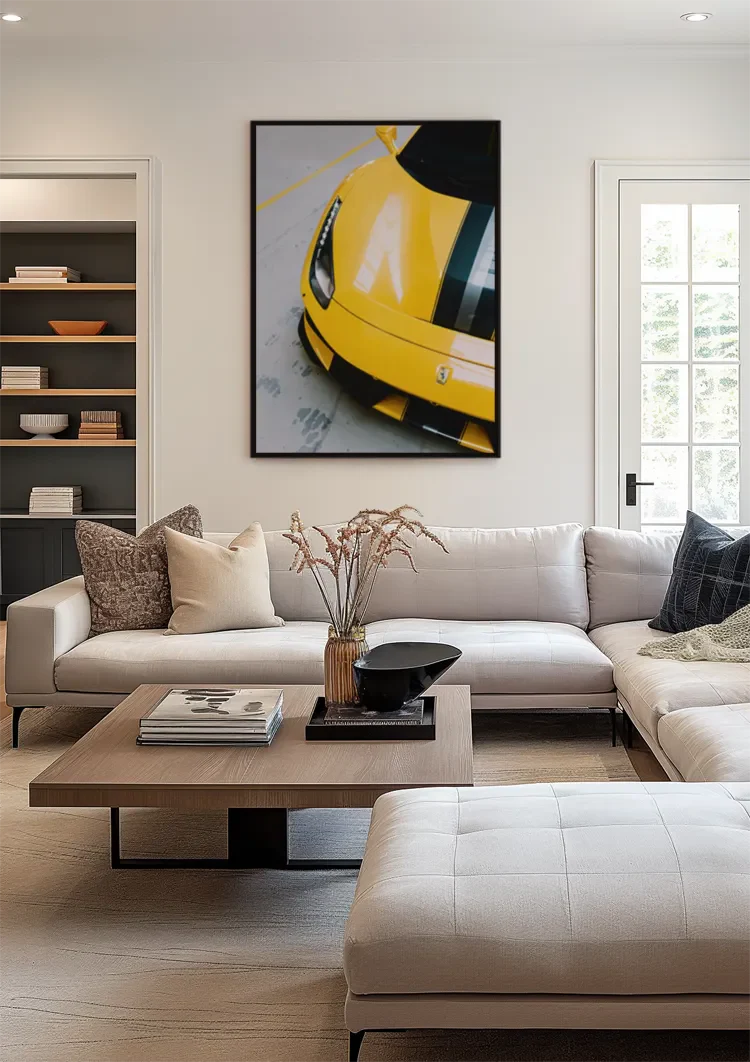 Gelber Ferrari 488 Pista Draufsicht Sportwagen Gemälde