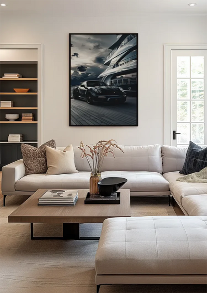 Black Porsche 911 at Yacht Luxury Harbor Dramatic Sky Painting