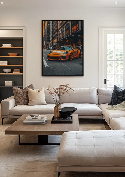 Oranje Porsche Sportwagen Stad Avond Oranje Lichten Luxe Auto Kunst Schilderij