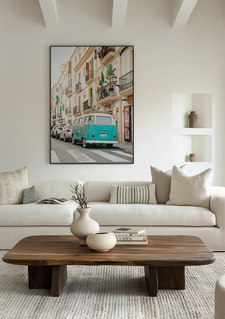 Vintage Turquoise Volkswagen Bus Mediterraans Straatbeeld Retro Schilderij
