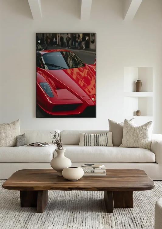 Red sports car canvas painting on the wall by the front door in the hallway