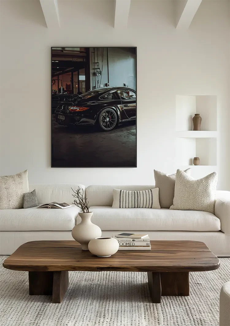 Schwarzer Porsche GT3 Industrielle Garage Dunkle Atmosphäre Gemälde
