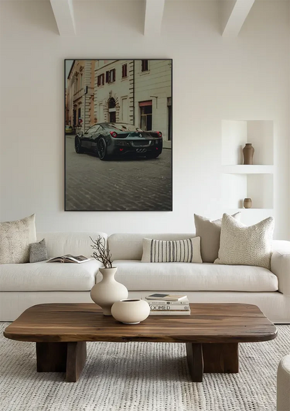 Schwarzer Ferrari 458 Alte Europäische Stadtstraße Kopfsteinpflaster Gemälde