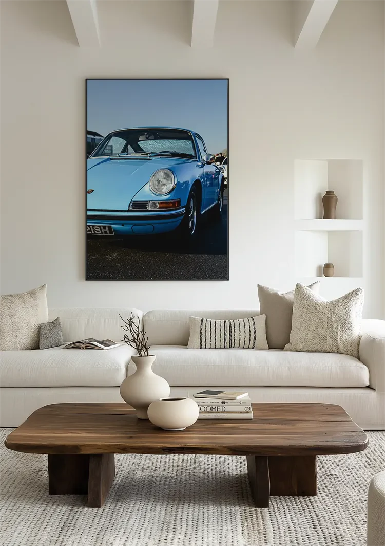 Vintage Hellblauer Porsche 911 Klassisch Sonnenschein Blauer Himmel Gemälde