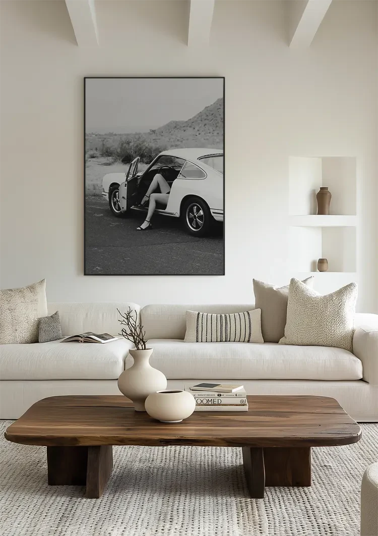 Woman In Vintage Porsche 911 Open Door Desert Landscape Black White Painting