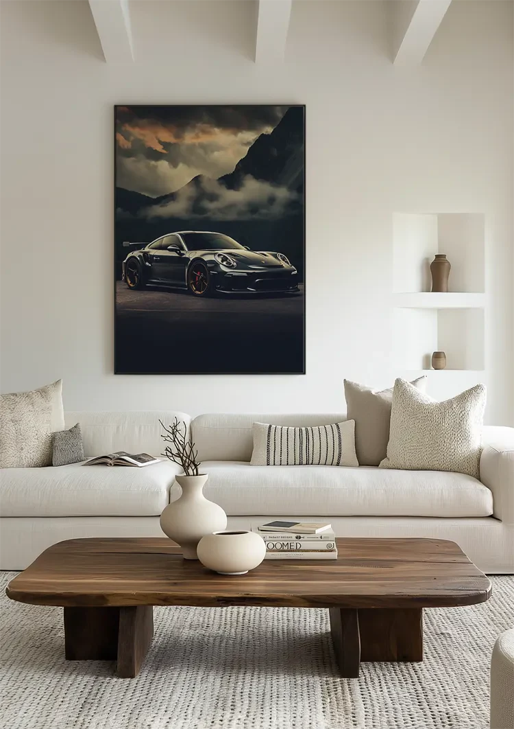 Dark Porsche GT3 RS Dramatic Mountain Landscape Cloudy Sky Painting