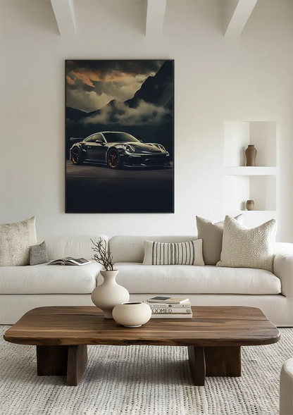 Dark Porsche GT3 RS Dramatic Mountain Landscape Cloudy Sky Painting