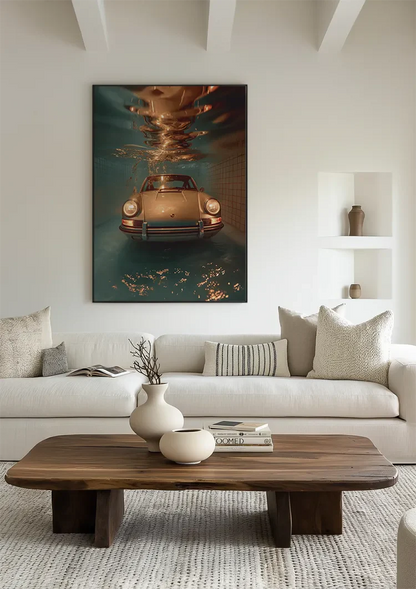Klassieke Porsche Onder Water Turquoise Zwembad Surrealistisch Schilderij