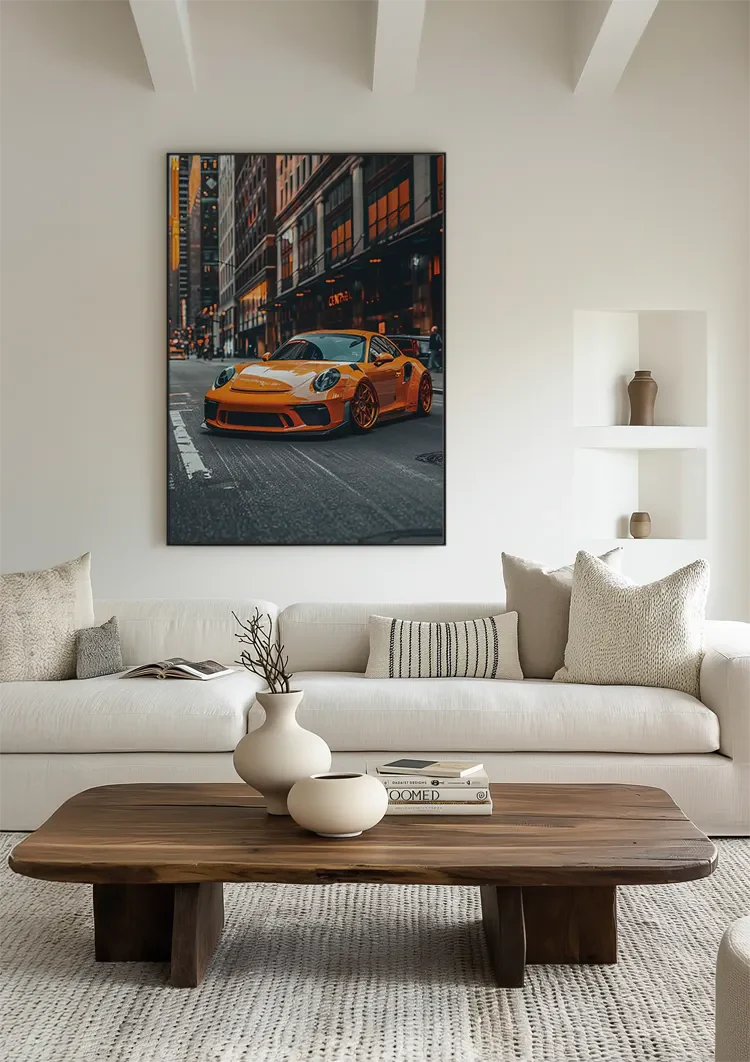 Oranje Porsche Sportwagen Stad Avond Oranje Lichten Luxe Auto Kunst Schilderij