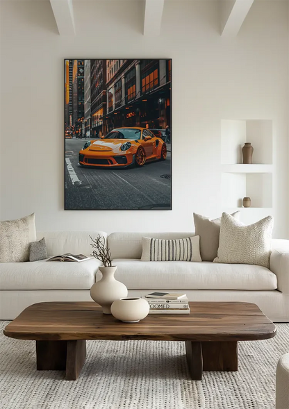 Oranje Porsche Sportwagen Stad Avond Oranje Lichten Luxe Auto Kunst Schilderij