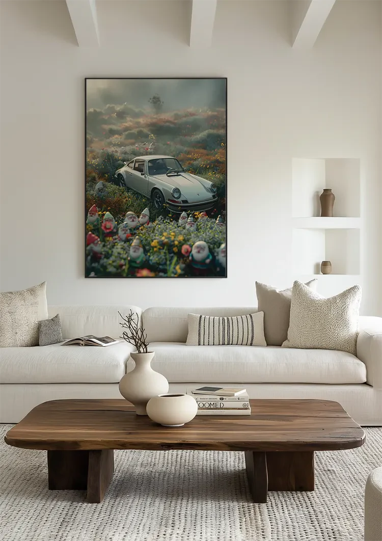 White Porsche 911 Flower Meadow Gnomes Dreamy Mist Painting
