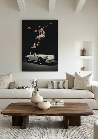 Basketball Player Jumps Over White Porsche Black Dramatic Art Painting