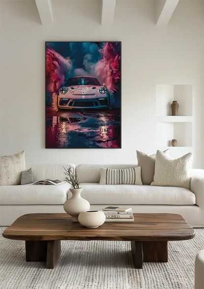 White Porsche GT3 RS Colorful Pink Blue Smoke Clouds Surreal Painting