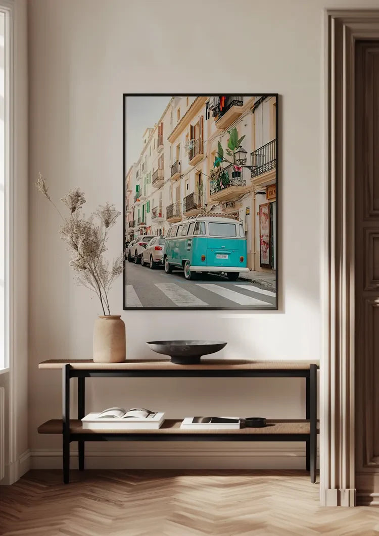 Vintage Turquoise Volkswagen Bus Mediterraans Straatbeeld Retro Schilderij