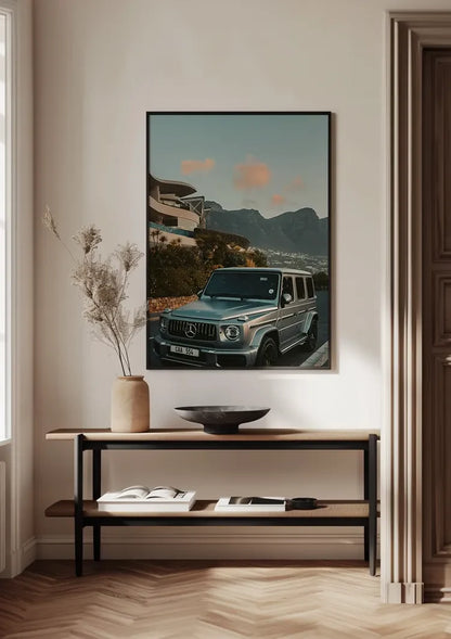 Zilveren Mercedes G63 AMG Berg Zonsondergang Moderne Architectuur Schilderij