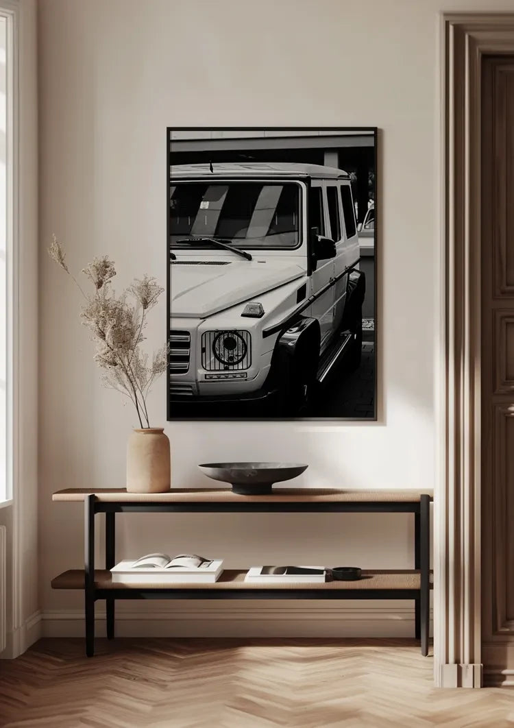 White Mercedes G Class Black and White Close Up Front Painting