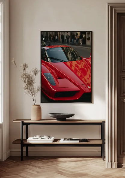 Roter Ferrari Enzo Nahaufnahme Stadtstraße Supersportwagen Gemälde