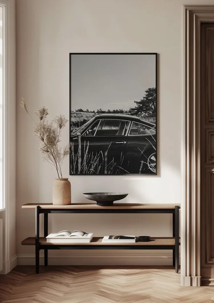 Klassischer Porsche Schwarz-Weiß Natur Feld Oldtimer Gemälde