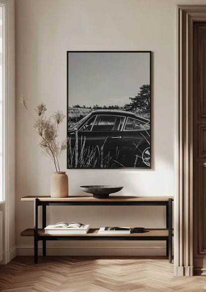 Klassischer Porsche Schwarz-Weiß Natur Feld Oldtimer Gemälde