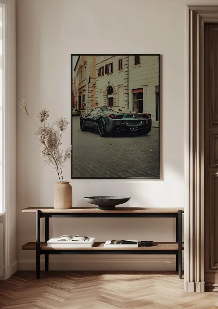 Schwarzer Ferrari 458 Alte Europäische Stadtstraße Kopfsteinpflaster Gemälde