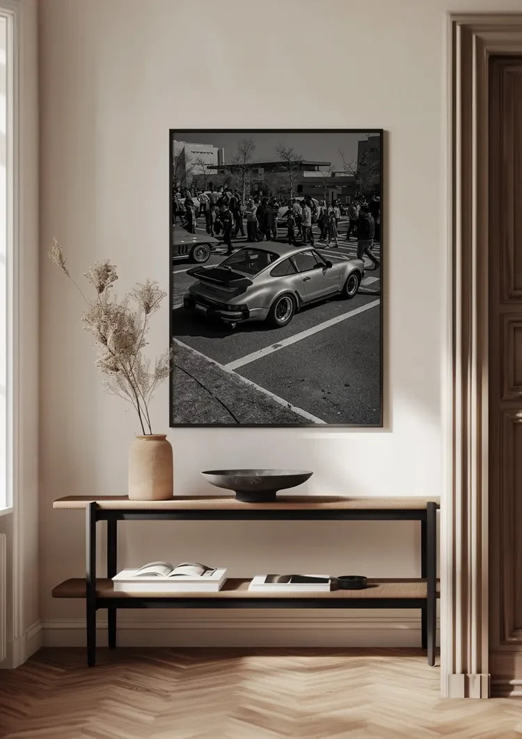 Silver Porsche 911 Carrera Black White Car Show Street Photography Painting