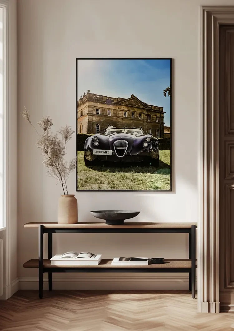Lila Oldtimer MF4 Sportwagen Landhaus Herrenhaus Blauer Himmel Gemälde