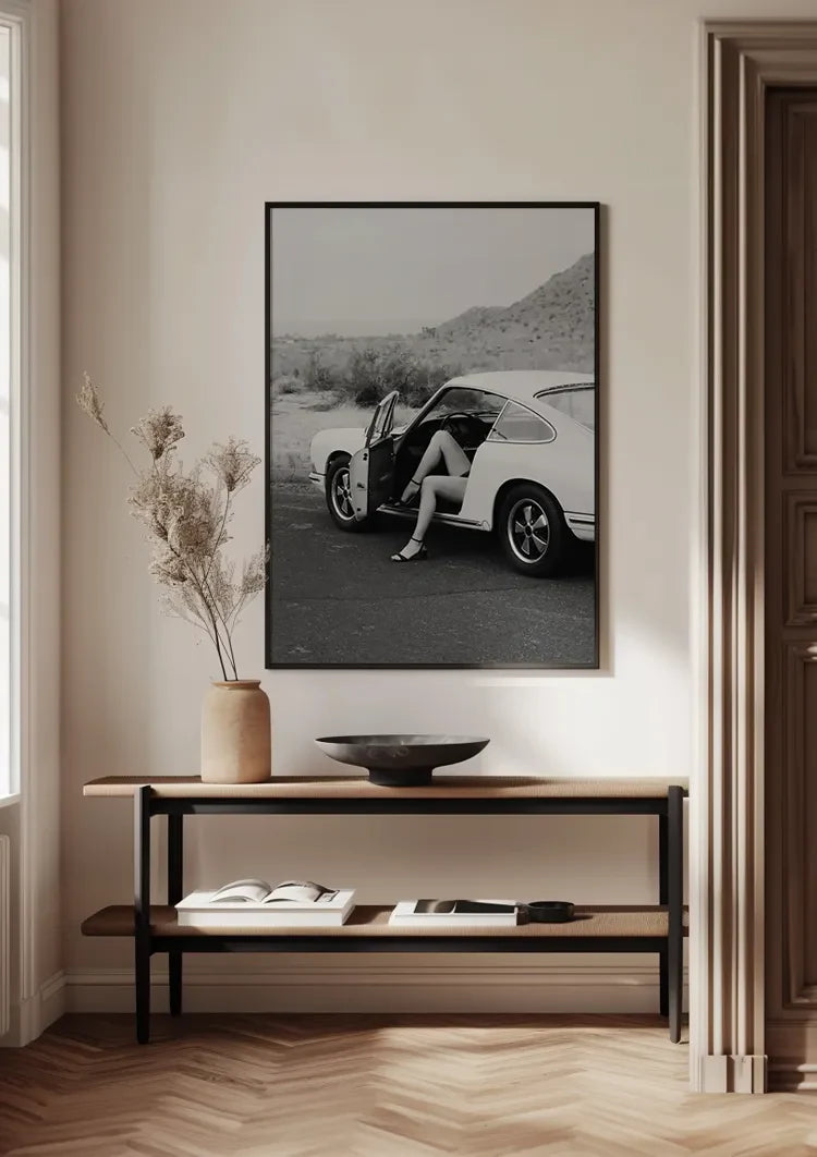 Woman In Vintage Porsche 911 Open Door Desert Landscape Black White Painting