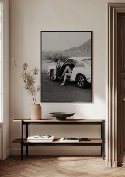 Woman In Vintage Porsche 911 Open Door Desert Landscape Black White Painting