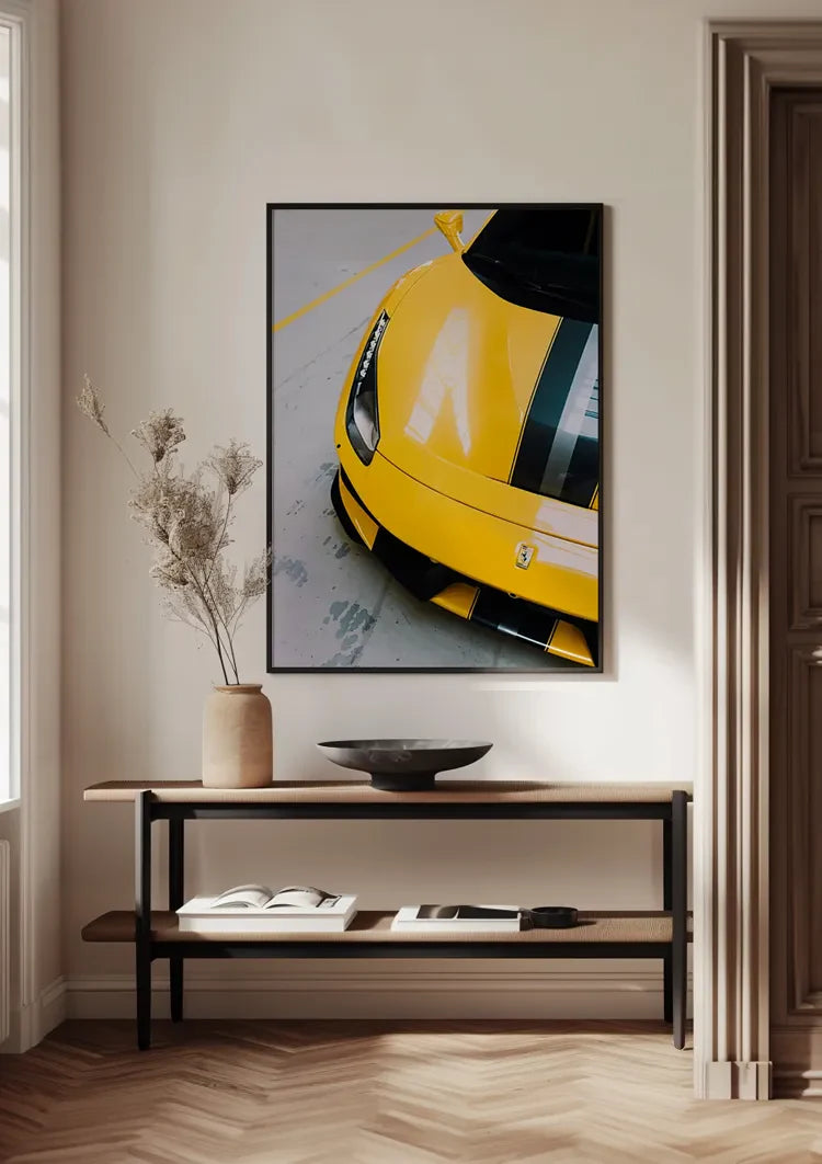 Gelber Ferrari 488 Pista Draufsicht Rennwagen Gemälde
