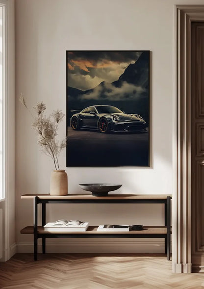 Dark Porsche GT3 RS Dramatic Mountain Landscape Cloudy Sky Painting