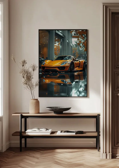 Orange Porsche 918 Spyder Showroom Glossy Floor Painting
