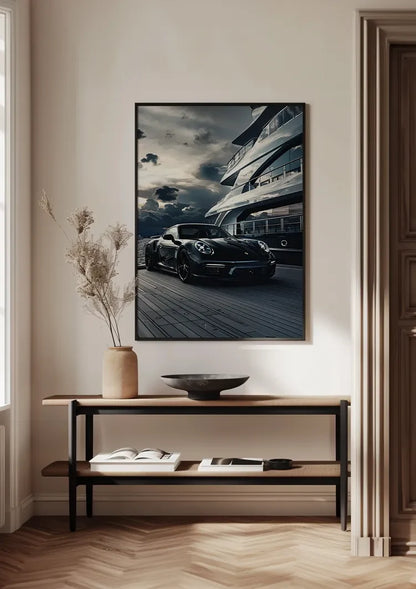 Black Porsche 911 at Yacht Luxury Harbor Dramatic Sky Painting