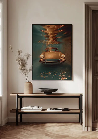 Klassieke Porsche Onder Water Turquoise Zwembad Surrealistisch Schilderij