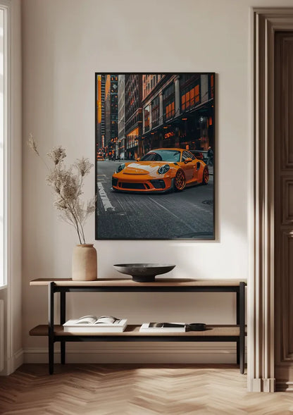 Oranger Porsche GT3 RS Städtische Nacht Stadtstraße Abend Gemälde
